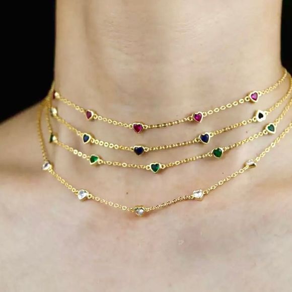 18K GOLD PLATED 925 STERLING SILVER RUBY COLORED CRYSTAL HEART STATION COLLAR - Picture 2 of 7